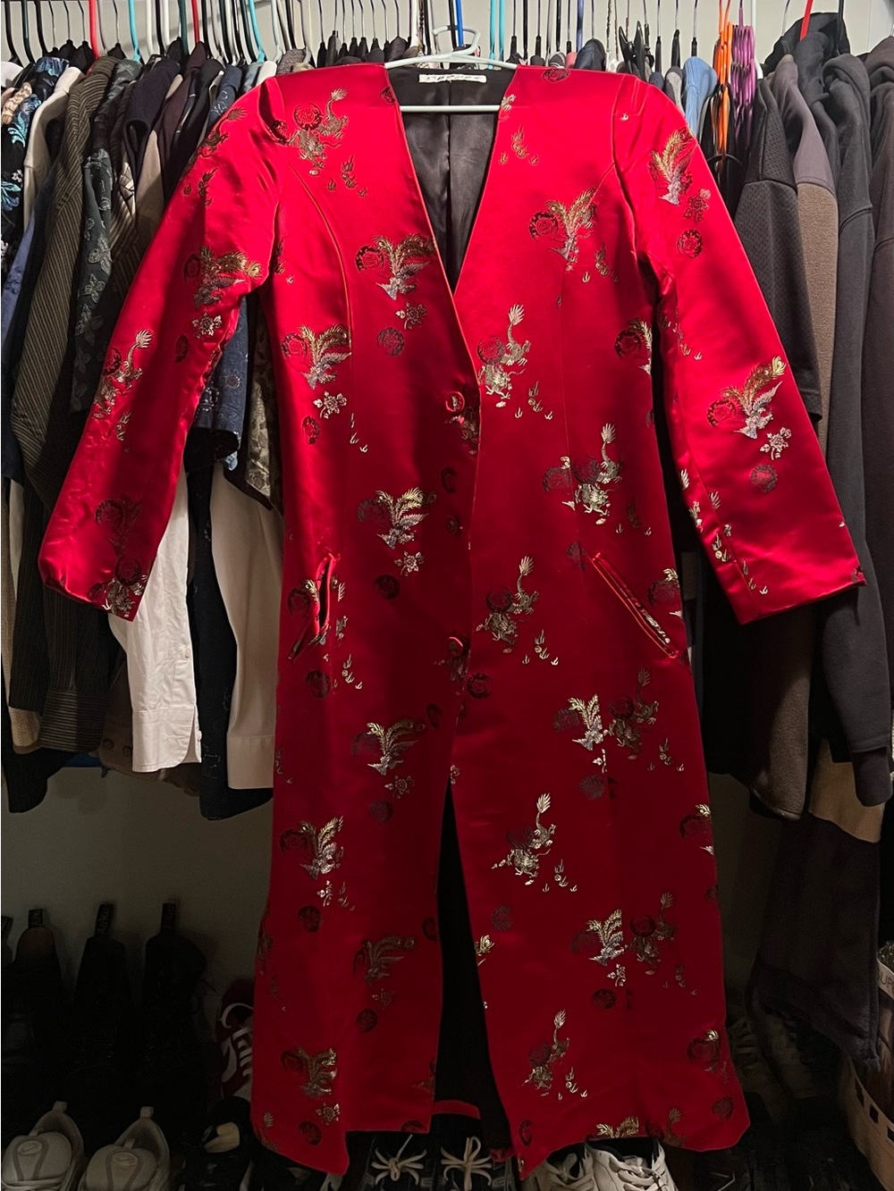 Red Satin Embroidered Long Cheongsam-Style Blazer Coat